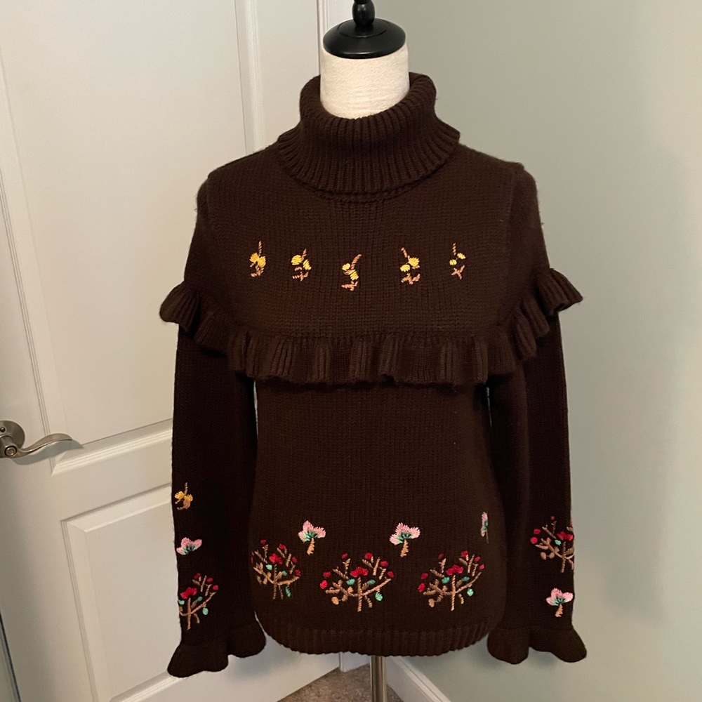 Painted by Lady Ally Floral Embroidered Ruffled Turtleneck Women's Sweater